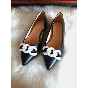 Beautiisoles Leather Chain Pointed Flats Women's 6.5 Made in Italy Navy/White
